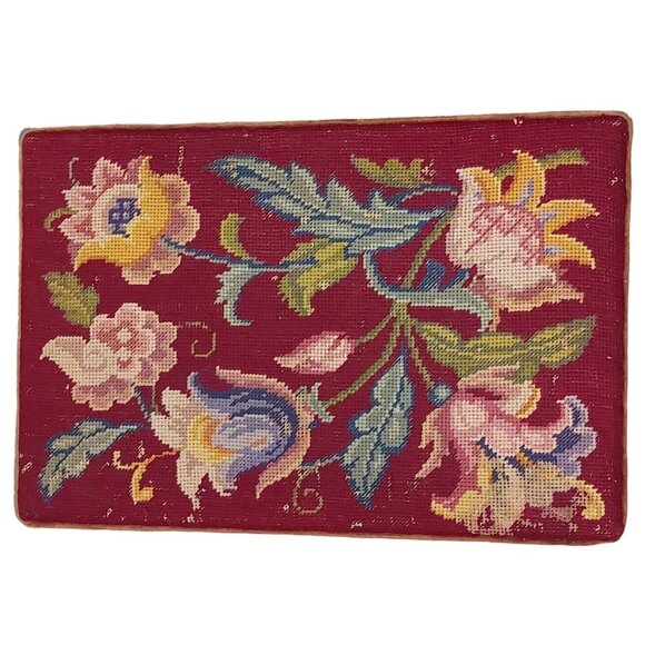 Vintage Floral Needlepoint Footstool with Velvet Sides & Solid Wood Legs 18"x12" - Picture 3 of 7